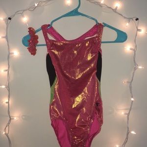 Shiny orange,black,and green leotard